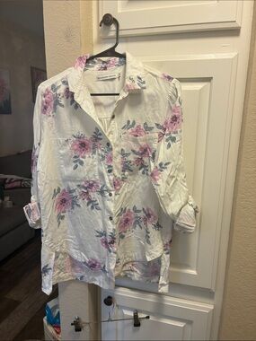Standard Grace White Button down Shirt w/ floral print and roll tab sleeves